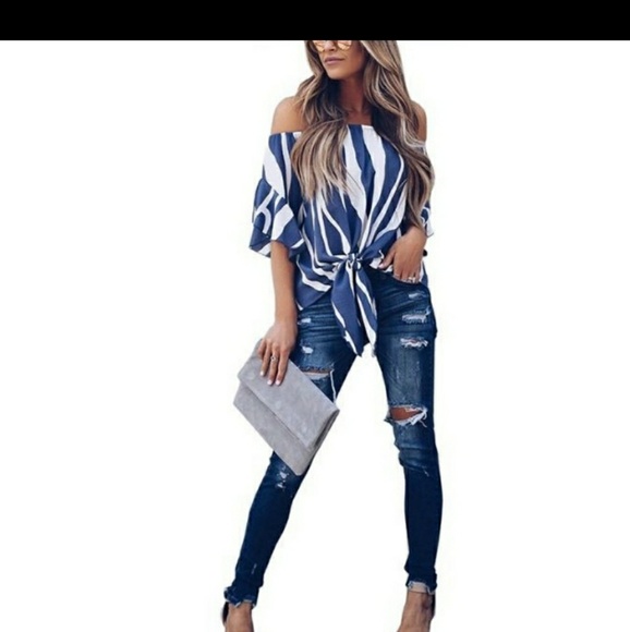 TPoo1BL Tops - shoulder blue and white striped front tie top